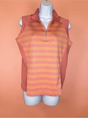 IZOD GARB Sleeveless Golf Polo Women’s M Coral Peach Striped 1/4 Zip Performance